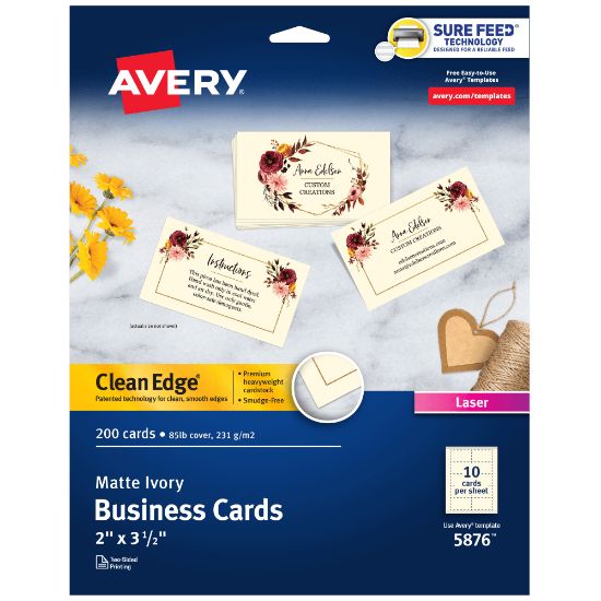 Picture of Avery Clean Edge Printable Business Cards With Sure Feed Technology For Laser Printers, 2in x 3.5in, Ivory, 200 Blank Cards