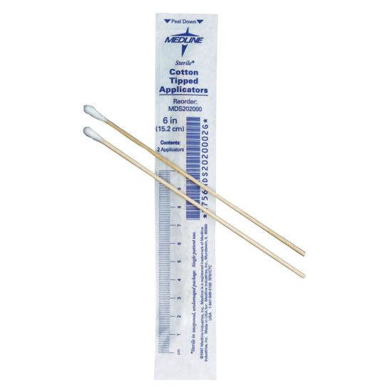 Picture of Medline Sterile Cotton-Tipped Applicators, 6in ,White,2 Applicators Per Bag, Case of 1000 Bags