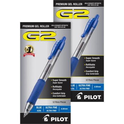 Picture of Pilot G2 Premium Gel Roller Retractable Pens - Ultra Fine Pen Point - 0.38 mm Pen Point Size - Refillable - Retractable - Blue Gel-based Ink - Clear Barrel - 24 / Bundle