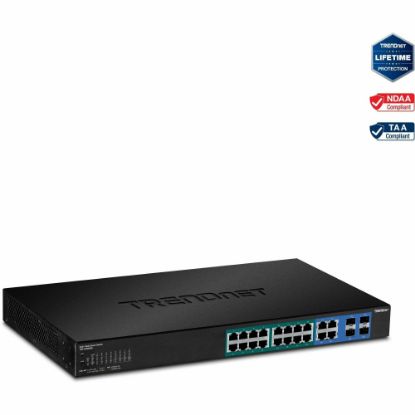 Picture of TRENDnet 20-Port Gigabit PoE+ Web Smart PoE+ Switch, 16 x Gigabit PoE+ Ports, 4 x Shared Gigabit Ports, Up To 30W Per Port, 185W Total Power Budget, Rack Mountable, Black, TPE-1620WS - 20-Port Gigabit Web Smart PoE+ Switch