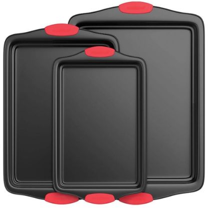 Picture of NutriChef 3-Piece Steel Non-Stick Bakeware Set - 3 Pieces - Baking - Dishwasher Safe - Oven Safe - Red, Gray, Black - Carbon Steel Body - Silicone Handle - 1