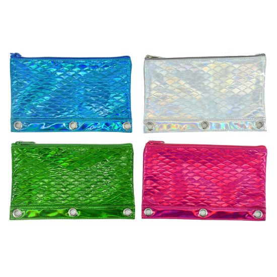 Picture of Inkology Embossed Mermaid Scale Binder Pencil Pouches, 10in x 4in, Assorted Colors, Pack Of 12 Pouches