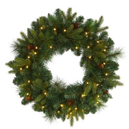 Picture of Nearly Natural 24inH Mixed Pine Artificial Christmas Wreath With 35 LED Lights And Pine Cones, 24in x 4in, Green