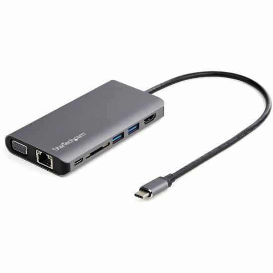 Picture of StarTech.com USB-C Multiport Adapter - HDMI or VGA - Attached 30 cm Host Cable - 1x USB-C and 2x USB-A - 100W PD includes PD Passthrough - SD Card Reader - USB Type-C Mini Dock (DKT30CHVAUSP)