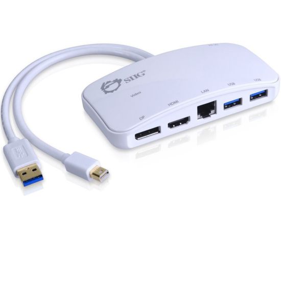 Picture of SIIG Mini-DP Video Dock with USB 3.0 LAN Hub - White - for Notebook/Tablet PC - USB 3.0 - 3 x USB Ports - 3 x USB 3.0 - Network (RJ-45) - HDMI - DisplayPort - Mini DisplayPort - Wired