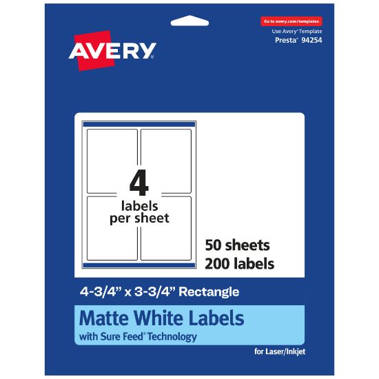 Picture of Avery Permanent Labels With Sure Feed, 94254-WMP50, Rectangle, 4-3/4in x 3-3/4in, White, Pack Of 200