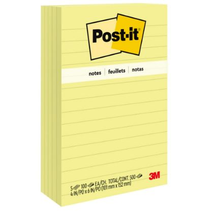 Picture of Post-it Notes, 4 in x 6 in, 5 Pads, 100 Sheets/Pad, Lined, Clean Removal, Back to School Supplies for Students, Sticky Notes for Textbooks and Notebooks, Canary Yellow