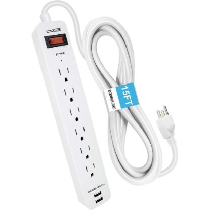 Picture of Digital Energy World 6-Outlet Surge Protector Power Strip with 2 USB Ports and 15-Foot Cord (White) - 6 x AC Power, 2 x USB - 1875 VA - 1050 J - 120 V AC Input - 15 ft