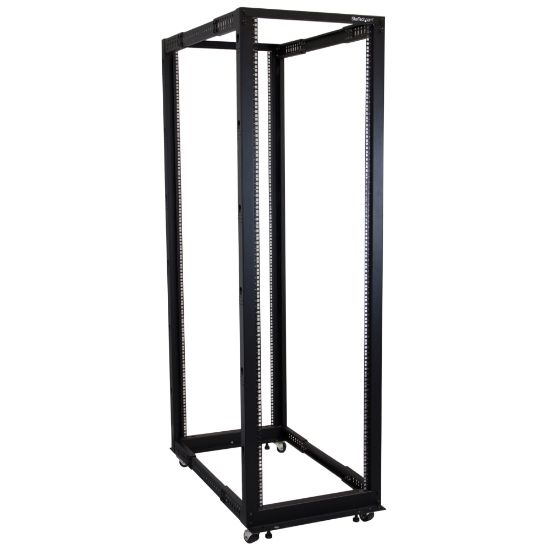 Picture of StarTech.com 42U Adjustable Depth Open Frame 4 Post Server Rack Cabinet - Flat Pack w/ Casters, Levelers and Cable Management Hooks - Store your servers, network and telecommunications equipment in this adjustable 42U rack - Compatible with HP KVM IP