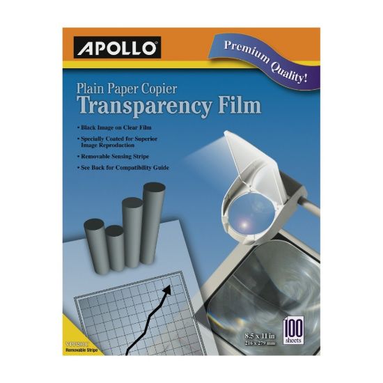 Picture of Apollo Plain Paper Copier Transparency Film, Black On Clear With Strip, Box Of 100 Sheets