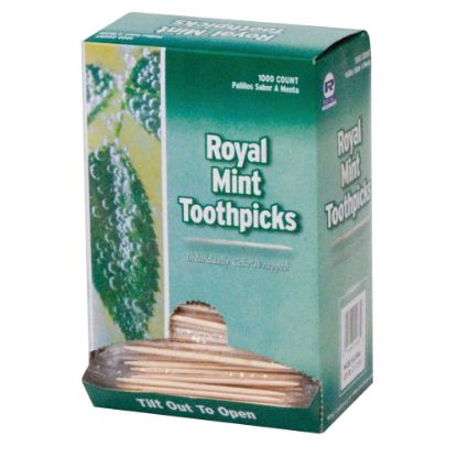 Picture of Royal Mint Cello-Wrapped Round Wood Toothpicks, 2 1/2in, Natural, 1,000 Toothpicks Per Box, Carton Of 15 Boxes