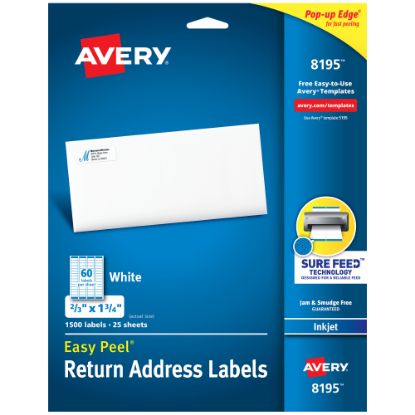 Picture of Avery Easy Peel Return Address Labels With Sure Feed Technology, 8195, Rectangle, 2/3in x 1-3/4in, White, Pack Of 1,500