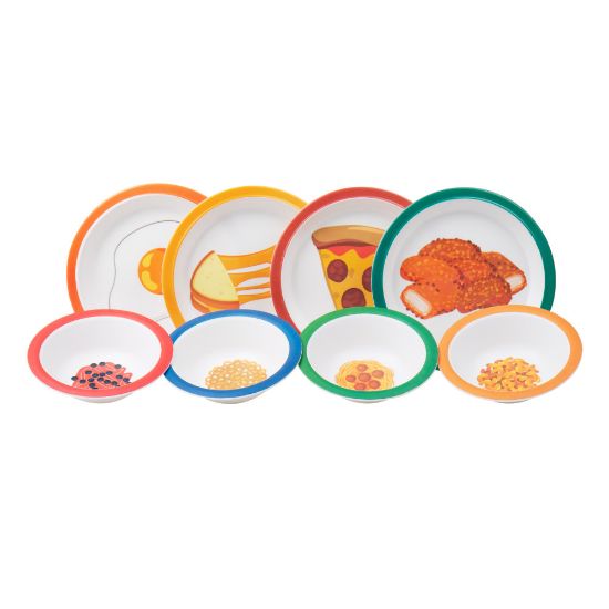 Picture of Mind Reader Kids Bon Appetit 8-Piece Melamine Plate And Bowl Set, 1inH x 8-1/4inL x 8-1/4inL, Assorted Colors