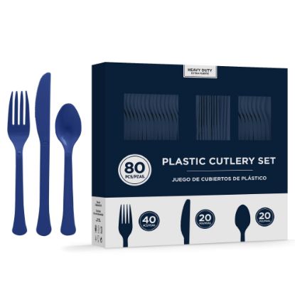 Picture of Amscan 8016 Solid Heavyweight Plastic Cutlery Assortments, True Navy, 80 Pieces Per Pack, Set Of 2 Packs