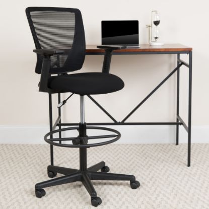 Picture of Flash Furniture Ergonomic Mid-Back Mesh Drafting Chair with Fabric Seat, Adjustable Foot Ring and Arms, Black