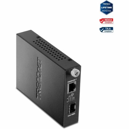 Picture of TRENDnet 100/1000Base-T To SFP Fiber Media Converter, Fiber To Ethernet Converter, 1 x 10/100/1000Base-T RJ-45 Port,1 x Mini-GBIC Slot, Lifetime Protection, Black, TFC-1000MGA - Intelligent 100/1000Mbase-T to SFP Media Converter