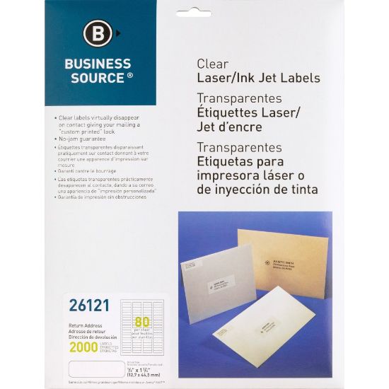 Picture of Business Source Clear Return Address Laser Labels - 1/2in Height x 1 3/4in Width - Permanent Adhesive - Rectangle - Laser - Clear - 80 / Sheet - 2000 / Pack - Self-adhesive