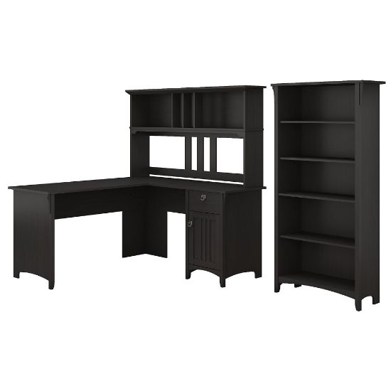 Picture of Bush Furniture Salinas 60inW L Shaped Desk with Hutch and 5 Shelf Bookcase, Vintage Black, Standard Delivery