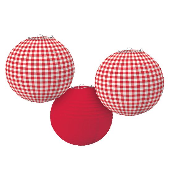 Picture of Amscan Summer Picnic Gingham Paper Lanterns, 9-1/2in, Red, 3 Lanterns Per Pack, Set Of 2 Packs