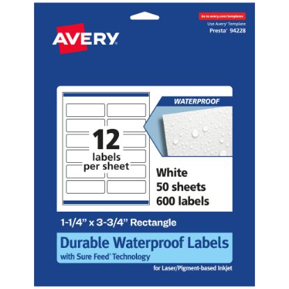 Picture of Avery Waterproof Permanent Labels With Sure Feed, 94228-WMF50, Rectangle, 1-1/4in x 3-3/4in, White, Pack Of 600