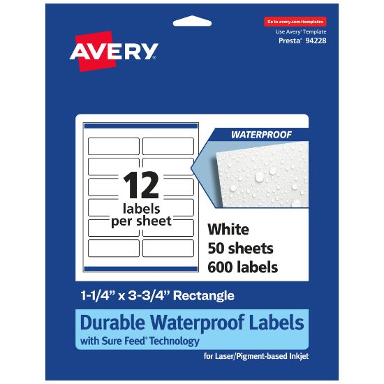 Picture of Avery Waterproof Permanent Labels With Sure Feed, 94228-WMF50, Rectangle, 1-1/4in x 3-3/4in, White, Pack Of 600