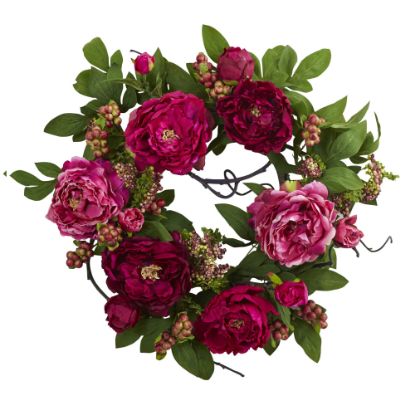 Picture of Nearly Natural Peony & Berry 20inH Plastic Wreath, 20inH x 20inW x 2inD, Pink