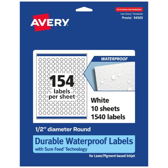 Picture of Avery Waterproof Permanent Labels With Sure Feed, 94503-WMF10, Round, 1/2in Diameter, White, Pack Of 1,540