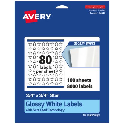 Picture of Avery Glossy Permanent Labels With Sure Feed, 94610-WGP100, Star, 3/4in x 3/4in, White, Pack Of 8,000