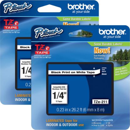 Picture of Brother P-touch TZe Laminated Tape Cartridges, 1/4inW x 26L , Rectangle, White, 2 Per Bundle