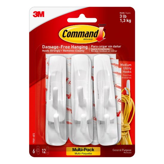 Picture of Command Medium Utility Plastic Hooks, 6-Command Hooks, 12-Command Strips, Damage-Free, White