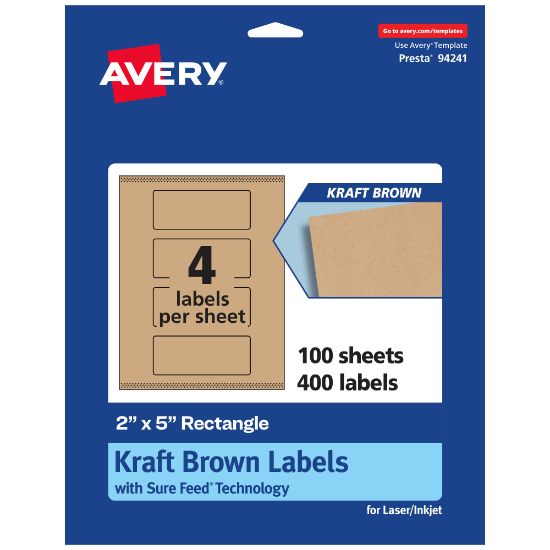 Picture of Avery Kraft Permanent Labels With Sure Feed, 94241-KMP100, Rectangle, 2in x 5in, Brown, Pack Of 400