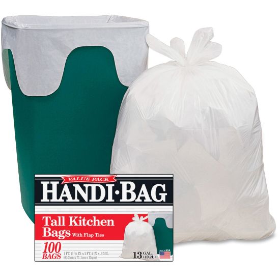 Picture of Berry Handi-Bag Flap Tie Tall Kitchen Bags - Small Size - 13 gal Capacity - 23.75in Width x 28in Length - 0.60 mil (15 Micron) Thickness - White - Hexene Resin - 100/Box - Home, Office