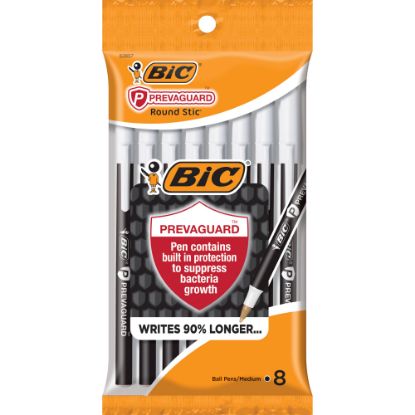 Picture of BIC Prevaguard Round Stic Pens With Antimicrobial Additive, Medium Point, 1.0 mm, Black Barrel, Black Ink, Pack Of 8 Pens