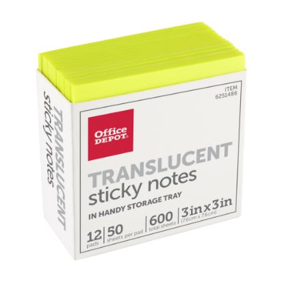 Picture of Office Depot Brand Translucent Sticky Notes, With Storage Tray, 3in x 3in, Yellow, 50 Notes Per Pad, Pack Of 12 Pads