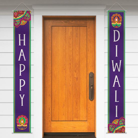 Picture of Amscan Happy Diwali Hanging Canvas Flags, 74in x 13-1/2in, Purple, Pack Of 2 Flags