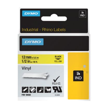 Picture of DYMO RhinoPRO 18432 Vinyl Label Tape, 15/32inW x 18 3/64L , Rectangle, Black on Yellow