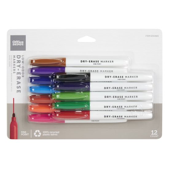 Picture of Office Depot Brand Low-Odor Pen-Style Dry-Erase Markers, Fine Point, 100% Recycled Plastic Barrel, Assorted Colors, Pack Of 12