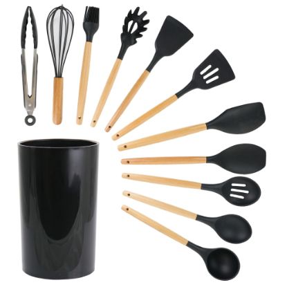 Picture of MegaChef Silicone And Wood Cooking Utensils, Black, Set Of 12 Utensils