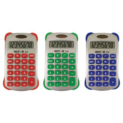 Picture of Victor Colorful 8-Digit Handheld Calculators, 4.5inH x 2.6inW x 0.5inD, Assorted Colors, Pack Of 3 Calculators