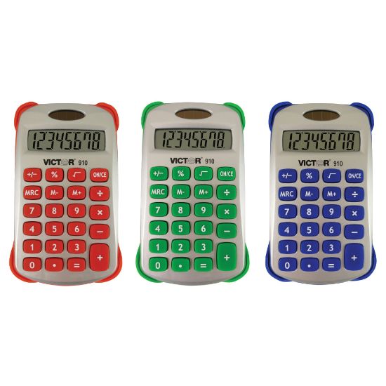 Picture of Victor Colorful 8-Digit Handheld Calculators, 4.5inH x 2.6inW x 0.5inD, Assorted Colors, Pack Of 3 Calculators