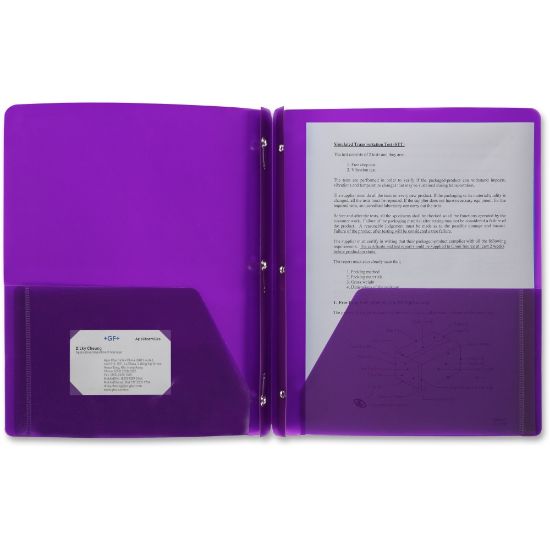 Picture of Business Source 3-Hole Punched Poly Portfolios - Letter - 8 1/2in x 11in Sheet Size - 50 Sheet Capacity - 3 x Prong Fastener(s) - 2 Pocket(s) - Poly - Purple - 1 Each