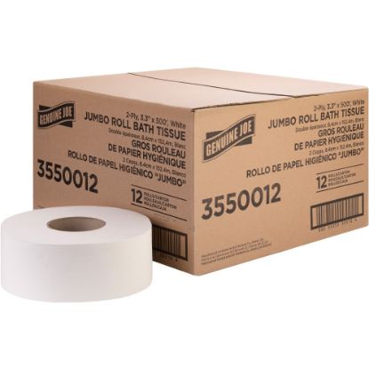 Picture of Genuine Joe Jumbo Jr Dispenser Bath Tissue Roll - 2 Ply - 3.30in x 500 ft - 8.88in Roll Diameter - White - Fiber - 12 / Carton