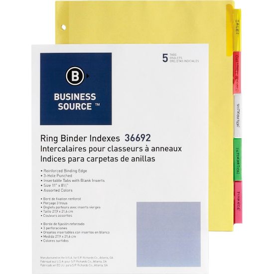 Picture of Business Source Insertable Tab Ring Binder Indexes - 5 Blank Tab(s)2in Tab Width - 8.5in Divider Width x 11in Divider Length - Letter - 3 Hole Punched - Multicolor Tab(s) - 250 / Box