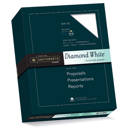 Picture of Southworth Diamond White 25% Cotton Business Paper, 8 1/2in x 11in, 24 Lb, White, Box Of 500