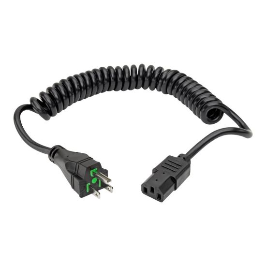 Picture of Eaton Tripp Lite Series Hospital-Grade Power Cord, NEMA 5-15P to C13 - Green Dot, 10A, 125V, 18 AWG, 8 ft. (2.43 m) Coiled Cord, Black - Power cable - power IEC 60320 C13 to NEMA 5-15P (M) - AC 110 V - 10 A - 8 ft - coiled, molded - black