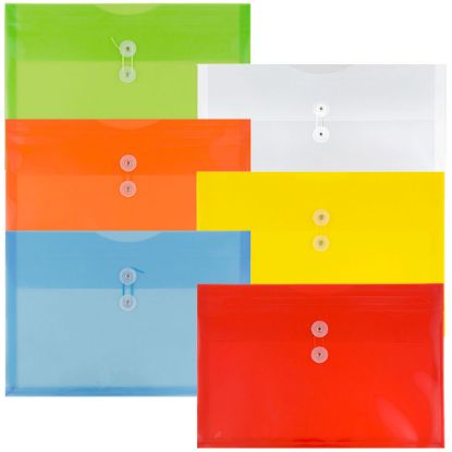 Picture of JAM Paper Legal Plastic Booklet Envelopes, 9-3/4in x 14-1/2in, Button & String Closure, Assorted Colors, Pack Of 6 Envelopes