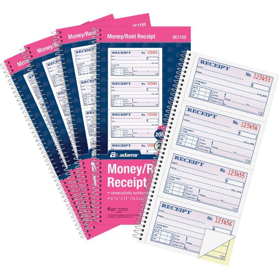 Picture of Adams Spiral 2-part Money/Rent Receipt Book - 200 Sheet(s) - Spiral Bound - 2 Part - 11in x 5.25in Form Size - White, Canary - Assorted Sheet(s) - 5 / Pack