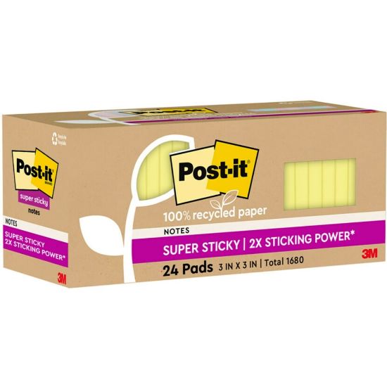 Picture of Post-it Super Sticky Recycled Notes, 3 in x 3 in, 24 Pads, 70 Sheets/Pad, 2x the Sticking Power, Canary Yellow, 100% Recycled