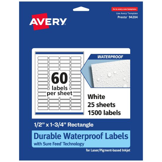 Picture of Avery Waterproof Permanent Labels With Sure Feed, 94204-WMF25, Rectangle, 1/2in x 1-3/4in, White, Pack Of 1,500