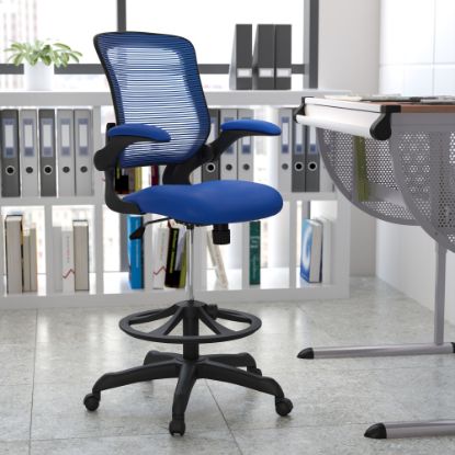 Picture of Flash Furniture Mid Back Mesh Ergonomic Drafting Chair with Adjustable Foot Ring and Flip-Up Arms, Blue